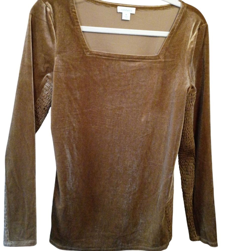 Sundance Blouse Brown Velvet Long Sleeve Square Neck Smocked Size Medium Whimsy
